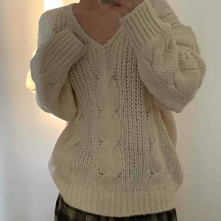 Cable Knit Loose Fit Wool V-Neck Knit