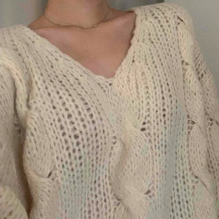 Cable Knit Loose Fit Wool V-Neck Knit