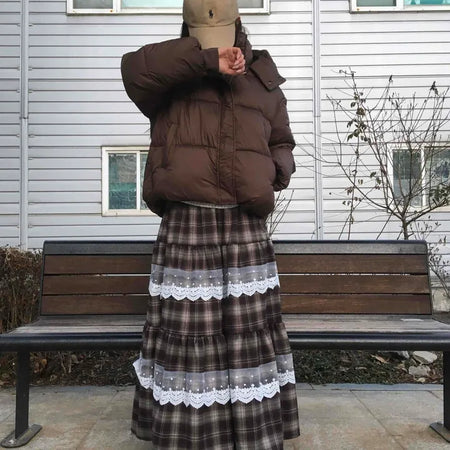 Hippie Check Lace Tiered Maxi Skirt