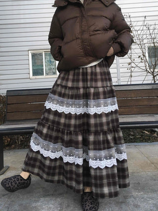 Hippie Check Lace Tiered Maxi Skirt