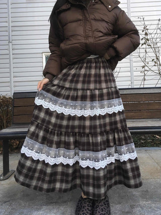 Hippie Check Lace Tiered Maxi Skirt