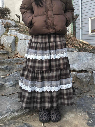 Hippie Check Lace Tiered Maxi Skirt