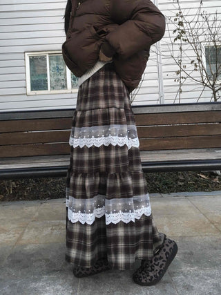 Hippie Check Lace Tiered Maxi Skirt