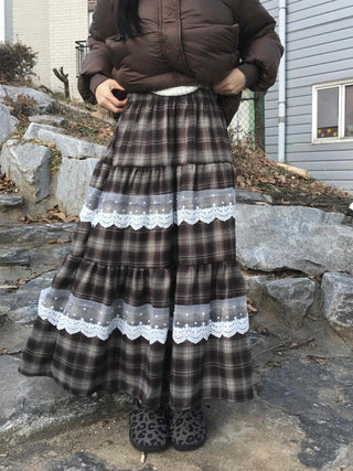 Hippie Check Lace Tiered Maxi Skirt