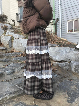 Hippie Check Lace Tiered Maxi Skirt