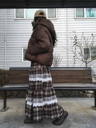 Hippie Check Lace Tiered Maxi Skirt