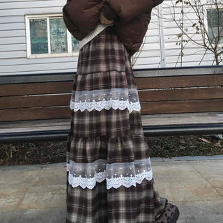Hippie Check Lace Tiered Maxi Skirt