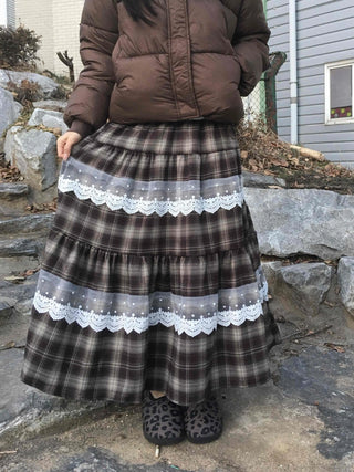 Hippie Check Lace Tiered Maxi Skirt