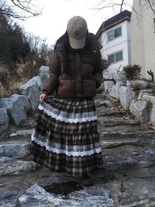 Hippie Check Lace Tiered Maxi Skirt