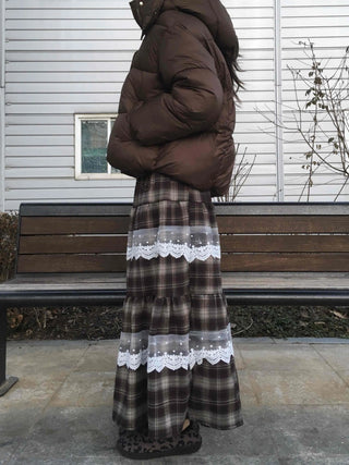 Hippie Check Lace Tiered Maxi Skirt