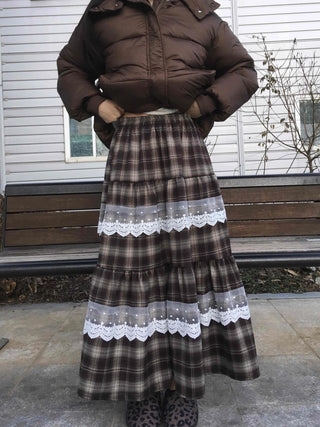 Hippie Check Lace Tiered Maxi Skirt