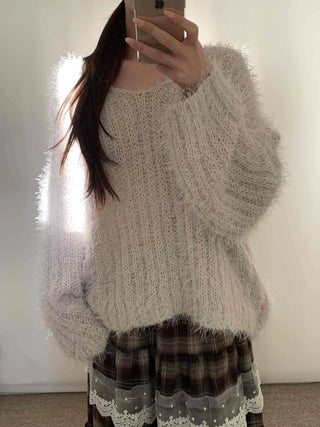 Fuzzy Angora V-neck Loose Fit Knit