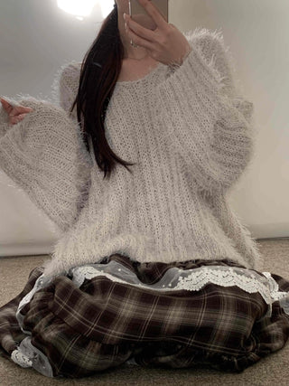 Fuzzy Angora V-neck Loose Fit Knit