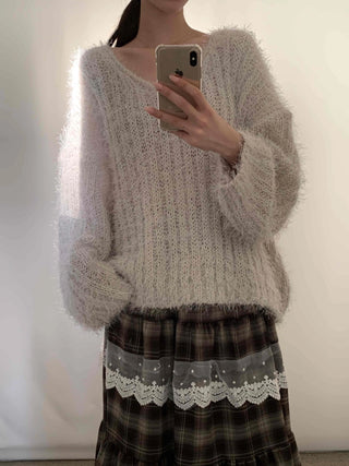 Fuzzy Angora V-neck Loose Fit Knit