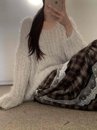 Fuzzy Angora V-neck Loose Fit Knit