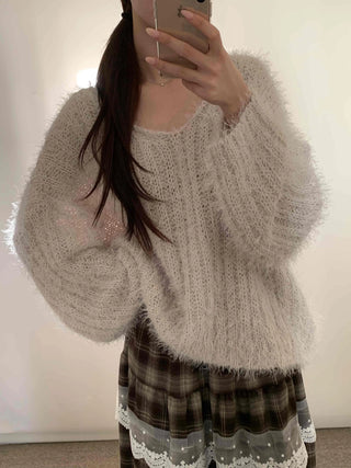 Fuzzy Angora V-neck Loose Fit Knit