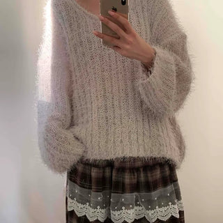 Fuzzy Angora V-neck Loose Fit Knit
