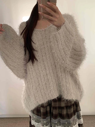 Fuzzy Angora V-neck Loose Fit Knit