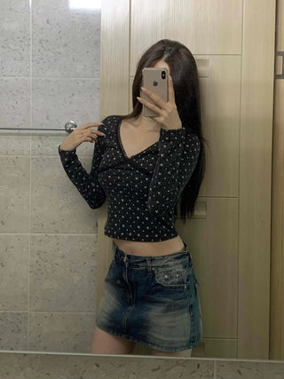 Flower Crop Fleece V-Neck Long Sleeve T-Shirt