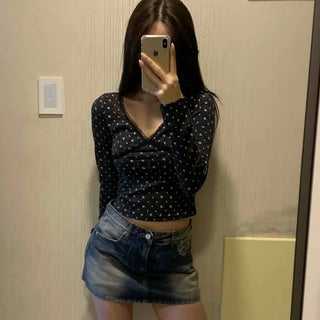 Flower Crop Fleece V-Neck Long Sleeve T-Shirt