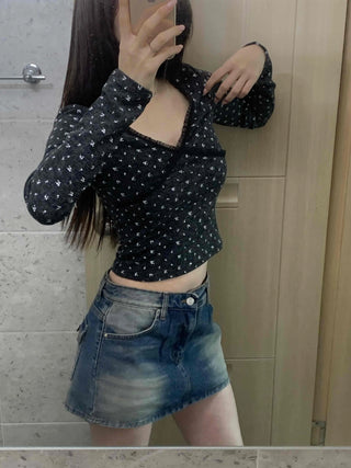 Flower Crop Fleece V-Neck Long Sleeve T-Shirt