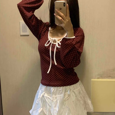 Lovely Dot Ribbon Shirred Puff Long Sleeve T-shirt