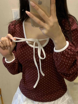 Lovely Dot Ribbon Shirred Puff Long Sleeve T-shirt