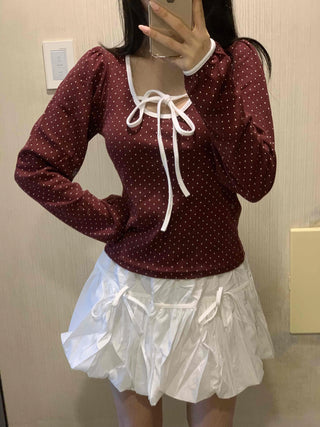 Lovely Dot Ribbon Shirred Puff Long Sleeve T-shirt
