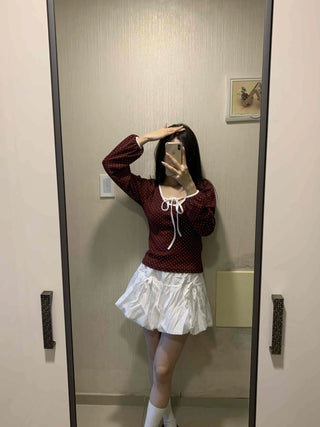 Lovely Dot Ribbon Shirred Puff Long Sleeve T-shirt