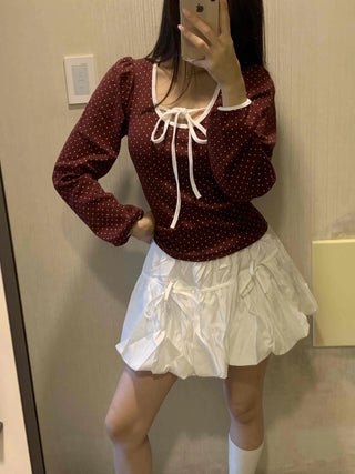 Lovely Dot Ribbon Shirred Puff Long Sleeve T-shirt