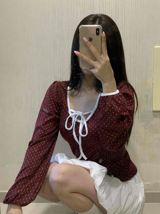 Lovely Dot Ribbon Shirred Puff Long Sleeve T-shirt