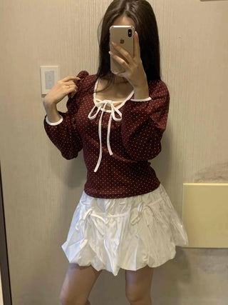 Lovely Dot Ribbon Shirred Puff Long Sleeve T-shirt
