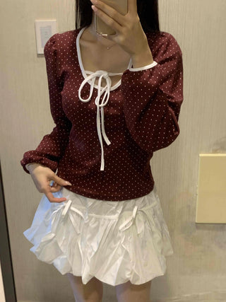 Lovely Dot Ribbon Shirred Puff Long Sleeve T-shirt