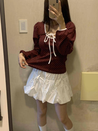 Lovely Dot Ribbon Shirred Puff Long Sleeve T-shirt
