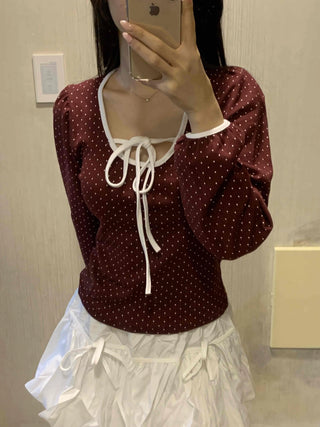 Lovely Dot Ribbon Shirred Puff Long Sleeve T-shirt