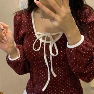 Lovely Dot Ribbon Shirred Puff Long Sleeve T-shirt