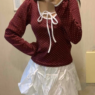 Lovely Dot Ribbon Shirred Puff Long Sleeve T-shirt