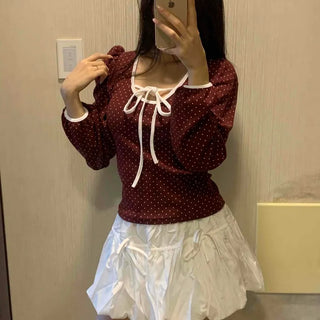 Lovely Dot Ribbon Shirred Puff Long Sleeve T-shirt