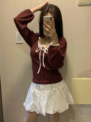 Lovely Dot Ribbon Shirred Puff Long Sleeve T-shirt