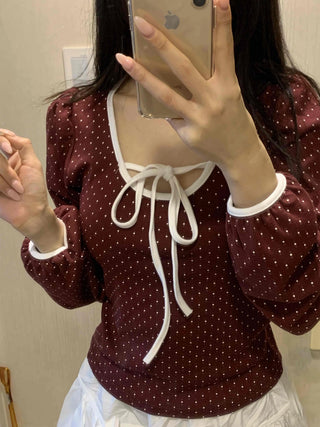 Lovely Dot Ribbon Shirred Puff Long Sleeve T-shirt