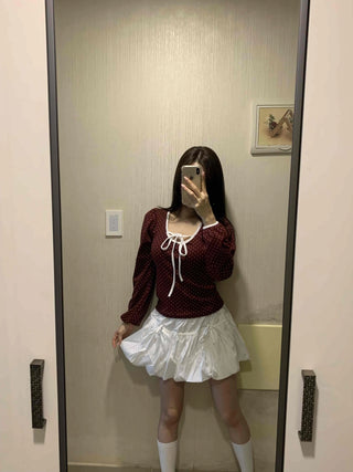 Lovely Dot Ribbon Shirred Puff Long Sleeve T-shirt