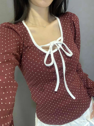 Lovely Dot Ribbon Shirred Puff Long Sleeve T-shirt