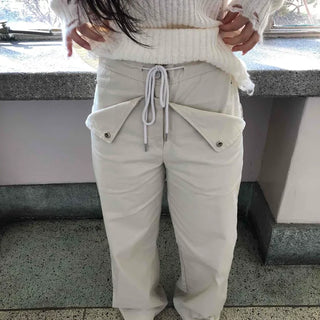 Wide Long Pants with Back Flap Pocket Drawstring