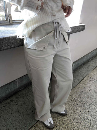 Wide Long Pants with Back Flap Pocket Drawstring