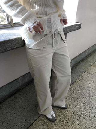 Wide Long Pants with Back Flap Pocket Drawstring