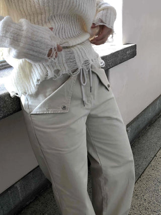 Wide Long Pants with Back Flap Pocket Drawstring