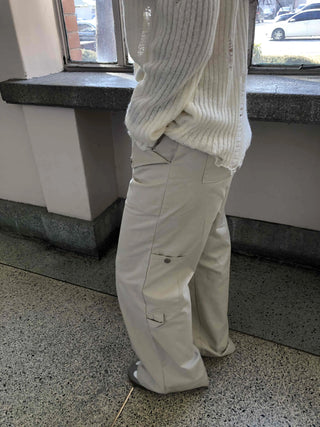 Wide Long Pants with Back Flap Pocket Drawstring