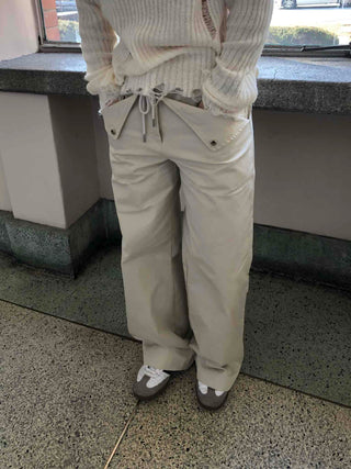 Wide Long Pants with Back Flap Pocket Drawstring