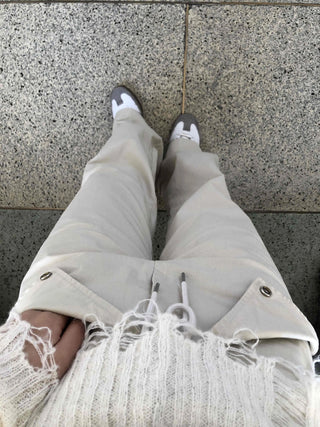 Wide Long Pants with Back Flap Pocket Drawstring