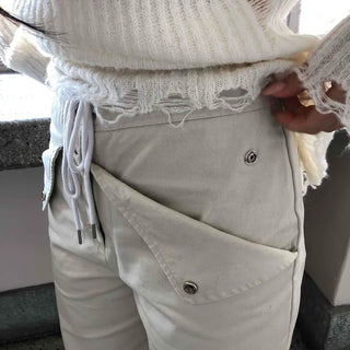 Wide Long Pants with Back Flap Pocket Drawstring